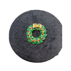 Vintage LIA Goldtone with Green Enamel Red Rhinestone Christmas Wreath Brooch /